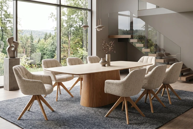 Table à manger design UNIQUE 200cm piètement pilier en chêne céramique travertin marron naturel