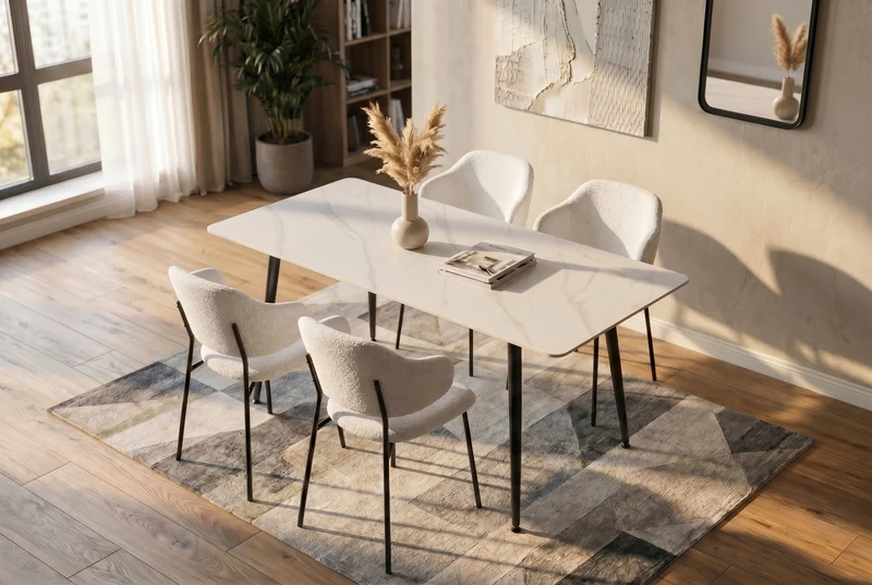 Table à manger moderne MILANO 140cm céramique blanche pieds métal noir
