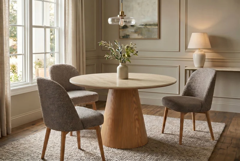 Table à manger ronde UNIQUE 120cm chêne marron clair naturel piètement colonne en céramique travertin