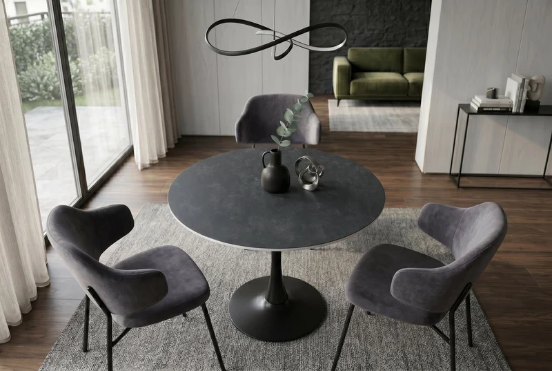 Table à manger ronde LYON 80cm table de bistro en céramique marbre anthracite piètement pilier noir