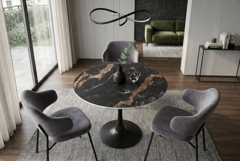 Table à manger ronde LYON 80cm noir doré sable Aurora Oro table de bistrot en céramique piètement pilier