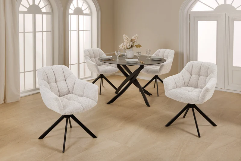 Lot de 2x chaises pivotante PAPILLON en bouclé blanc avec accoudoirs, structure en métal noir