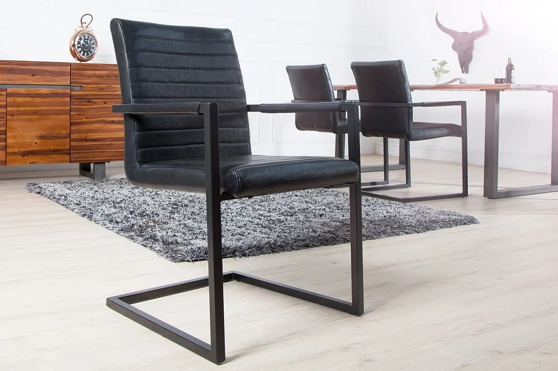 Lot de 2x chaises cantilever industrielle LOFT en simili cuir noir antique avec accoudoirs en acier inoxydable