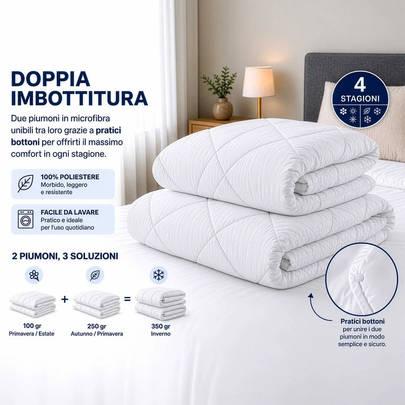 Piumone 4 Stagioni con 2 Piumoni Unibili in Microfibra 250 gr + 100 gr