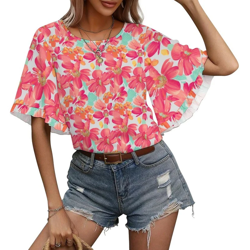 T-shirt col rond manches courtes à volants personnalisable femme