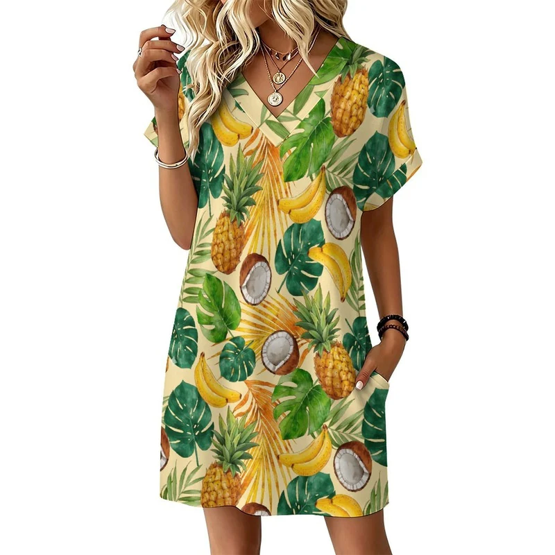 Robe Casual Personnalisée Col V et Manches Retroussables