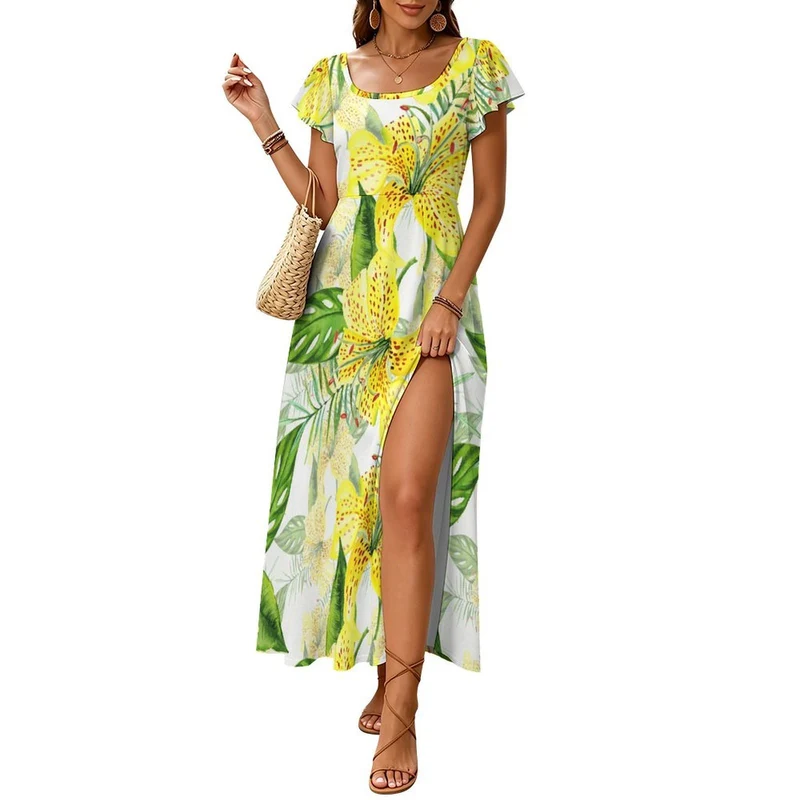 Robe Longue Personnalisée à Manches Volantées et Ceinture Ajustable