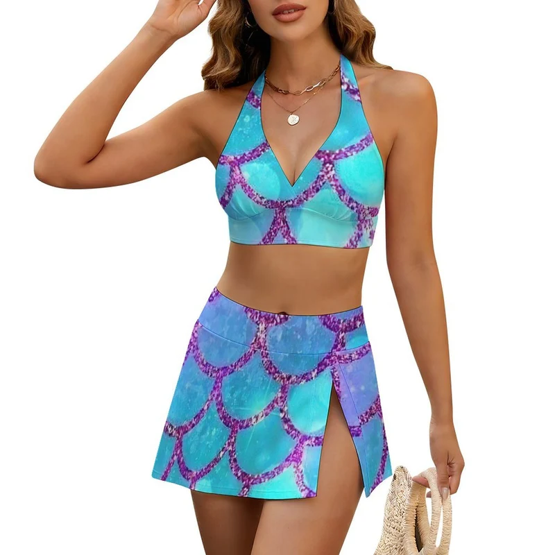 Ensemble Maillot de Bain Deux Pièces Col V à Bretelles Nouées et Jupe Fendue Personnalisable