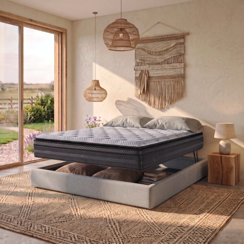 Ensemble lit coffre parallèle et matelas hybride - Collection Tissu