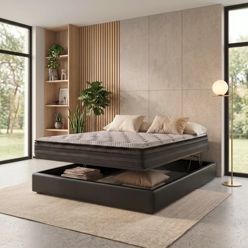 Ensemble lit coffre parallèle et matelas hybride - Collection Simili cuir
