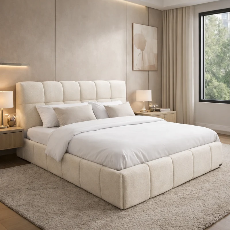 Lit coffre Aneto, tête de lit, grand espace de stockage, tissu chenille - Collection Aneto