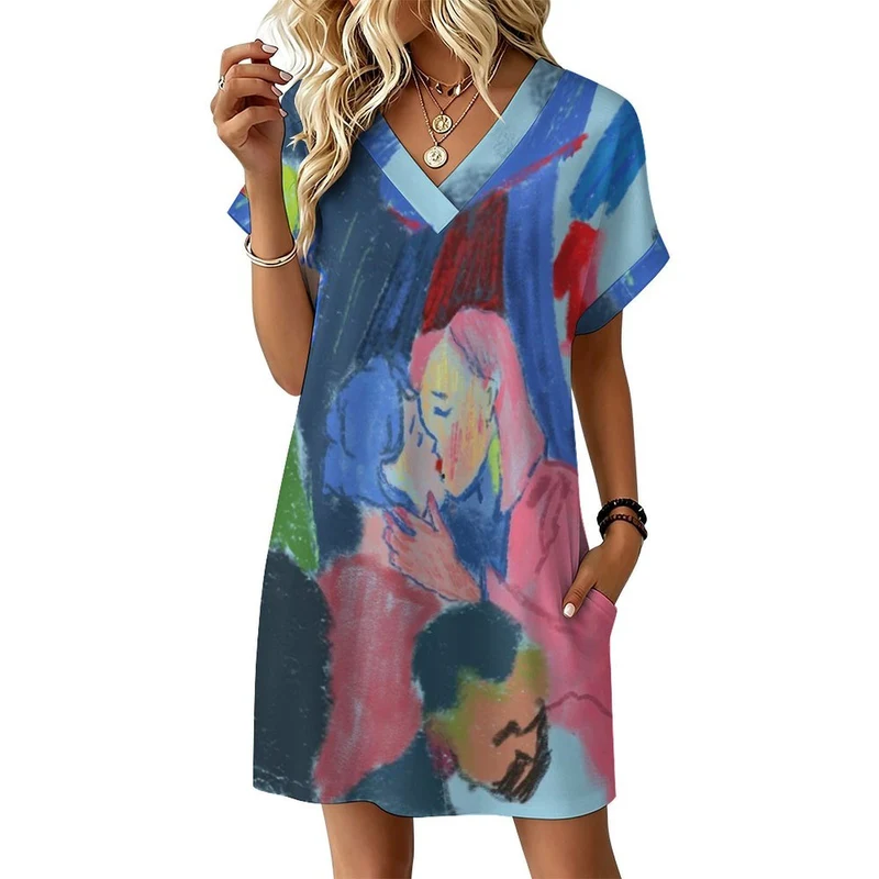 Robe Casual Femme Col V Manches à Revers — Personnalisable par Impression