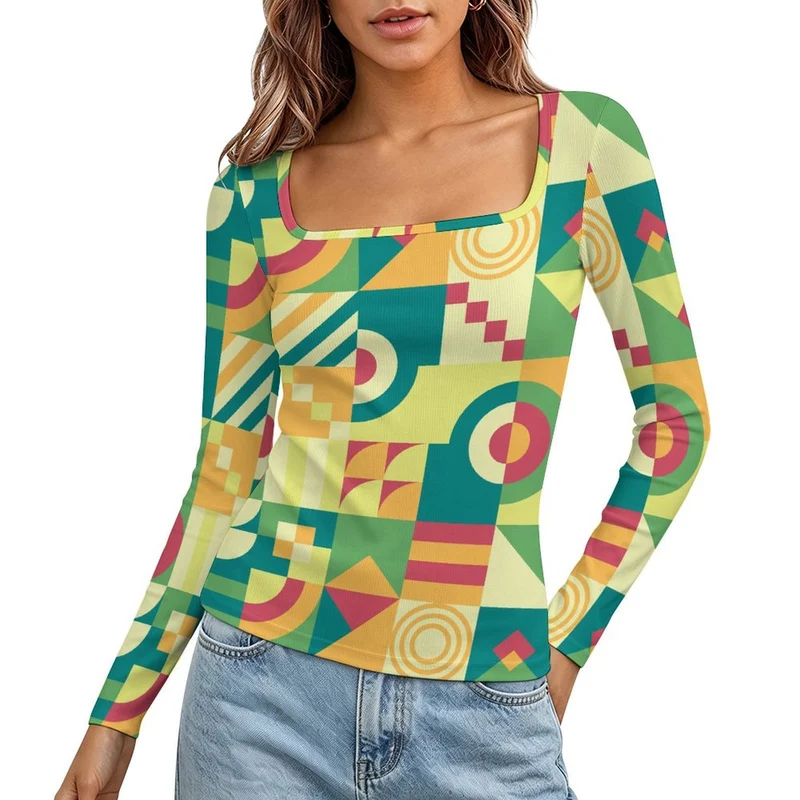 T-shirt Femme Personnalisé Ajusté Col Carré Maille Côtelée