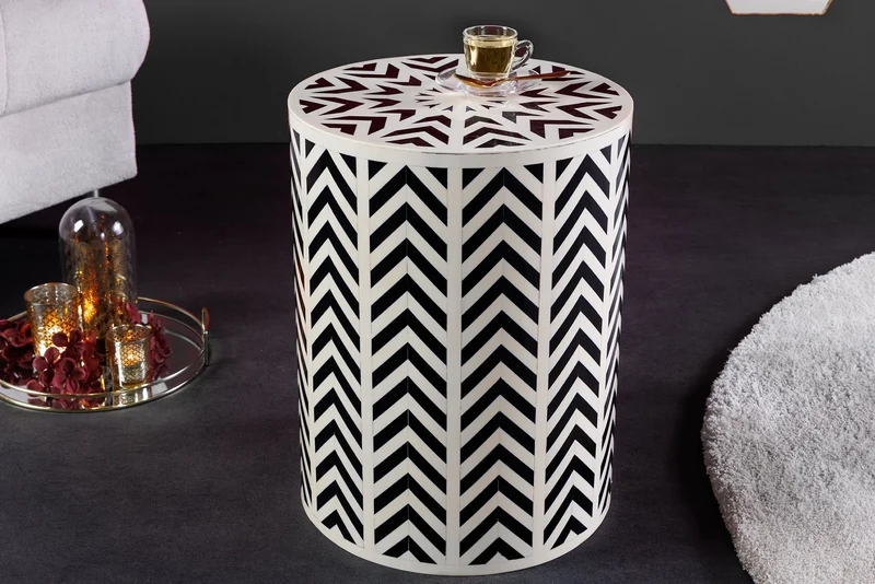 Table d’appoint ronde HARMONY NATURE 45cm blanc noir mosaïque artisanale