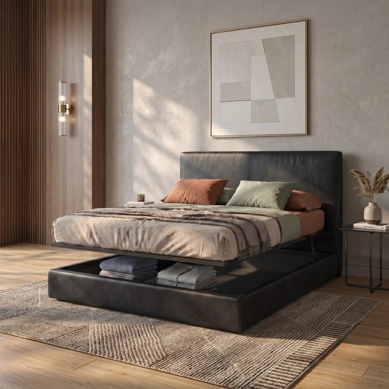 Lit coffre Lit coffre avec tête de lit ouverture latérale et frontale simili cuir - Collection Parallèle design