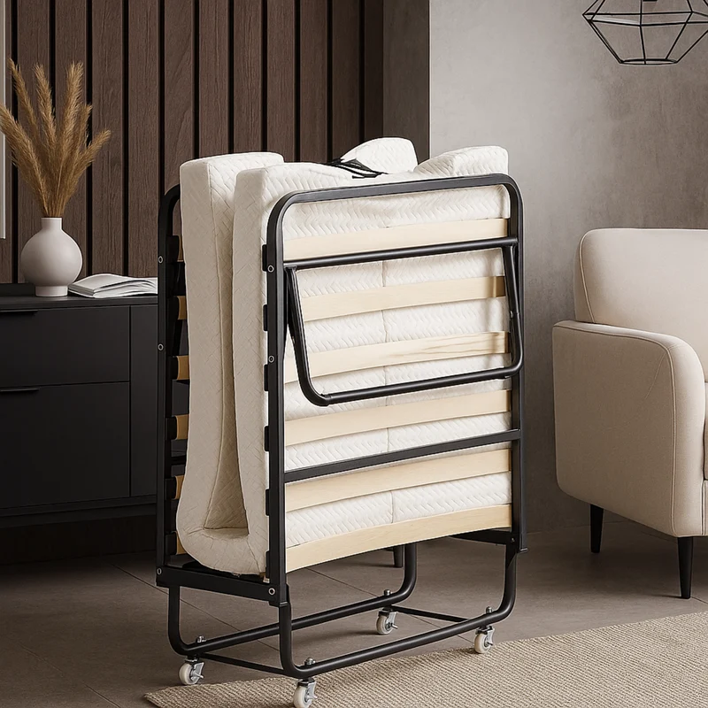 Lit pliant à roulettes avec matelas : lit d’appoint avec sommier à lattes flexibles - Collection Pliable