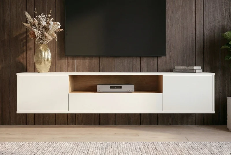 Meuble TV suspendu LOFT 150cm blanc naturel cinq compartiments avec tiroir (réf. 47813)