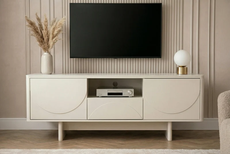 Meuble TV design SAVOY 150cm cachemire marbre blanc céramique avec rangements et façade 3D