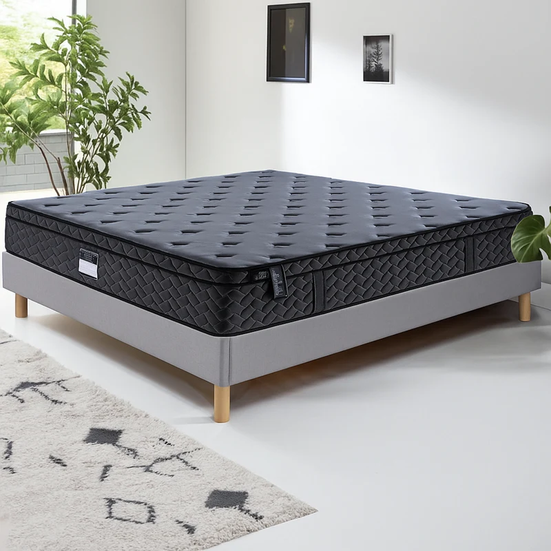 Pack lit, sommier tissu Eva gris clair, matelas bio - Collection Luxury