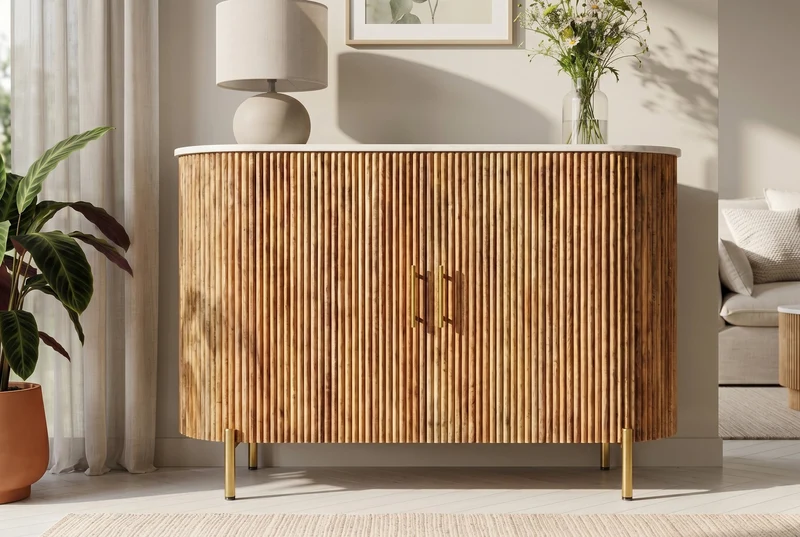 Buffet massif TRES CHIC 105cm bois de manguier naturel marbre blanc métal doré
