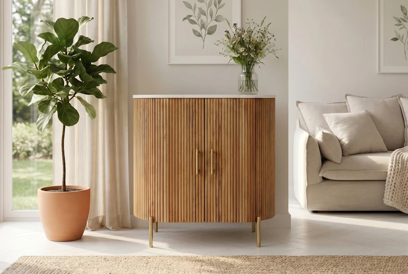 Buffet massif TRES CHIC 75cm bois de manguier naturel marbre blanc métal doré