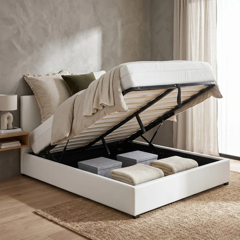 Lit coffre simili cuir, tête de lit, grand espace de stockage - Collection Versailles