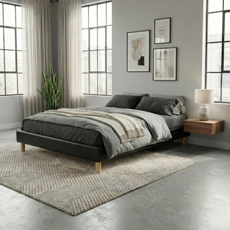 Sommier simili cuir, cadre de lit et pieds bois, maintien bassin - Collection Deco