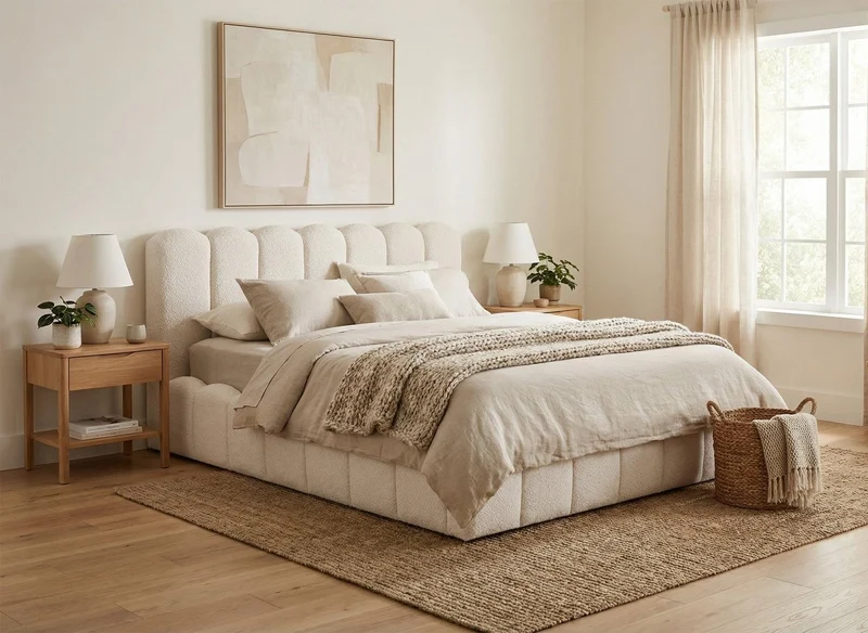 Lit coffre en tissu bouclette beige 180x200 cm RITA