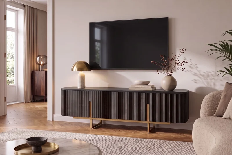 Meuble TV massif GATSBY 160cm meuble bas rétro en manguier noir doré