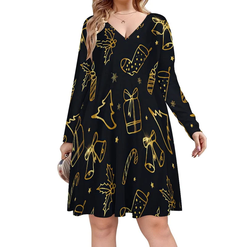 Robe Grande Taille Femme Col V - Manches Longues (S-8XL)