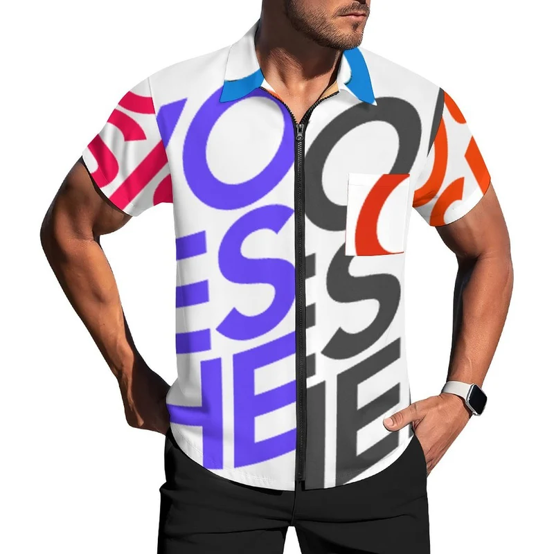 Chemise à manches courtes zippée LM816 pour homme personnalisée avec texte photo logo motif (conception multi-images)