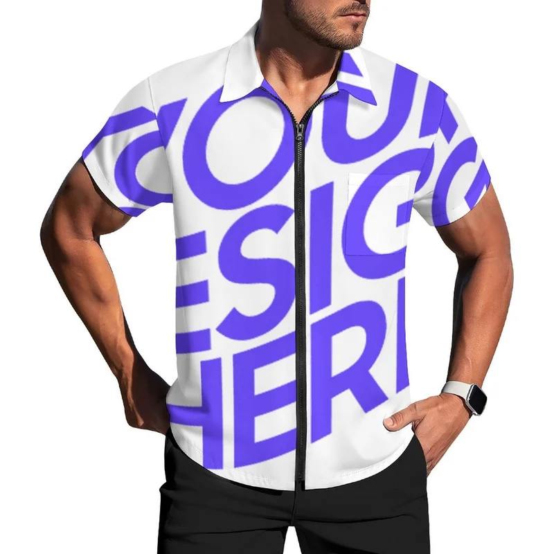 Chemise à manches courtes zippée LM816 pour homme personnalisée avec texte photo logo motif (Impression d'image unique)