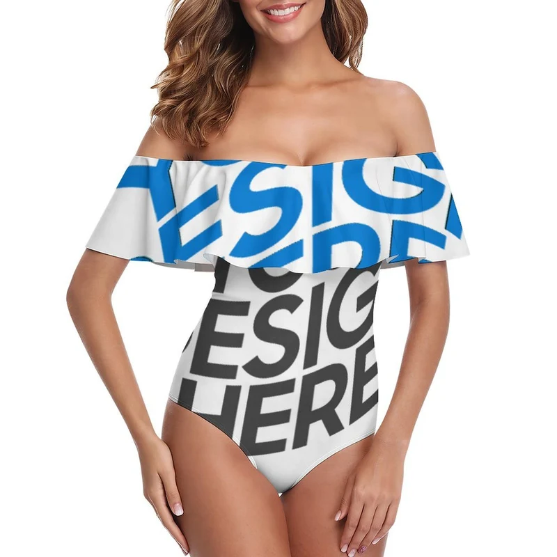 Maillot de bain 1 pièce pour femme à volants et OFF SHOULDER 294328 personnalisé avec photo texte prénom (conception multi-images)