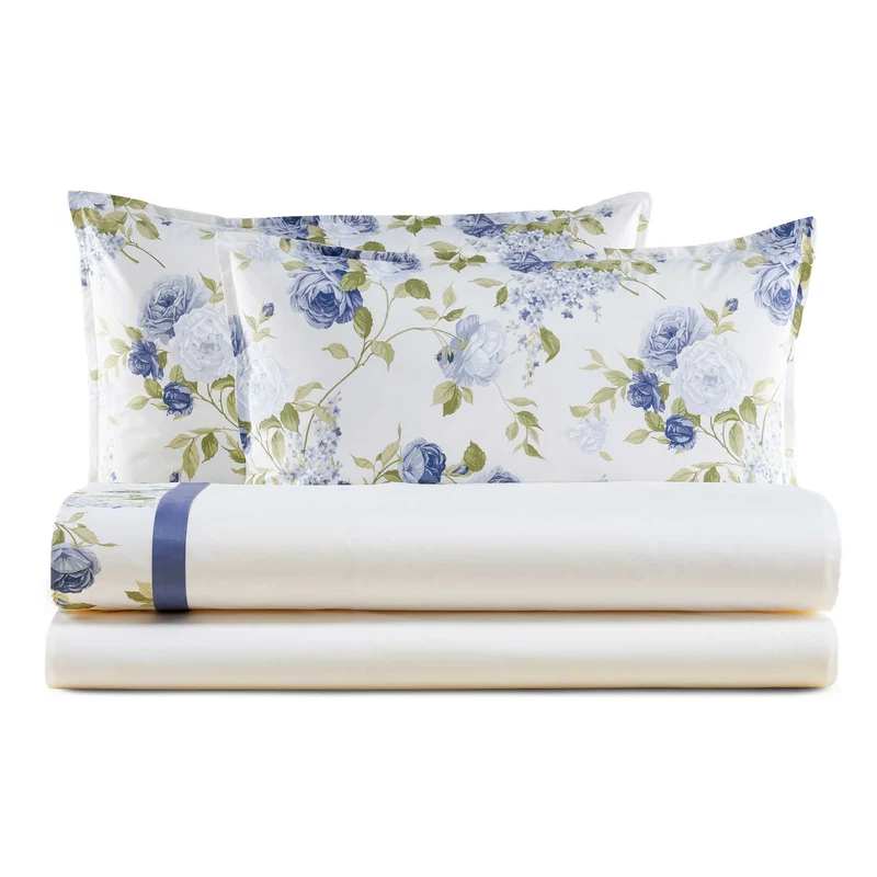 Completo letto matrimoniale con lenzuola in puro cotone con balza e federe in percalle stampato Leila Eko