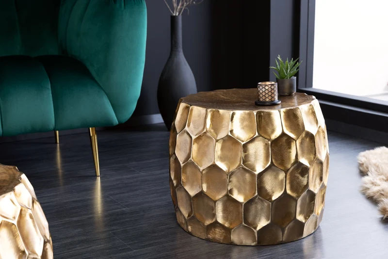 Table d'appoint design ORGANIC ORIENT 55cm table de chevet ronde en métal doré martelé fait main