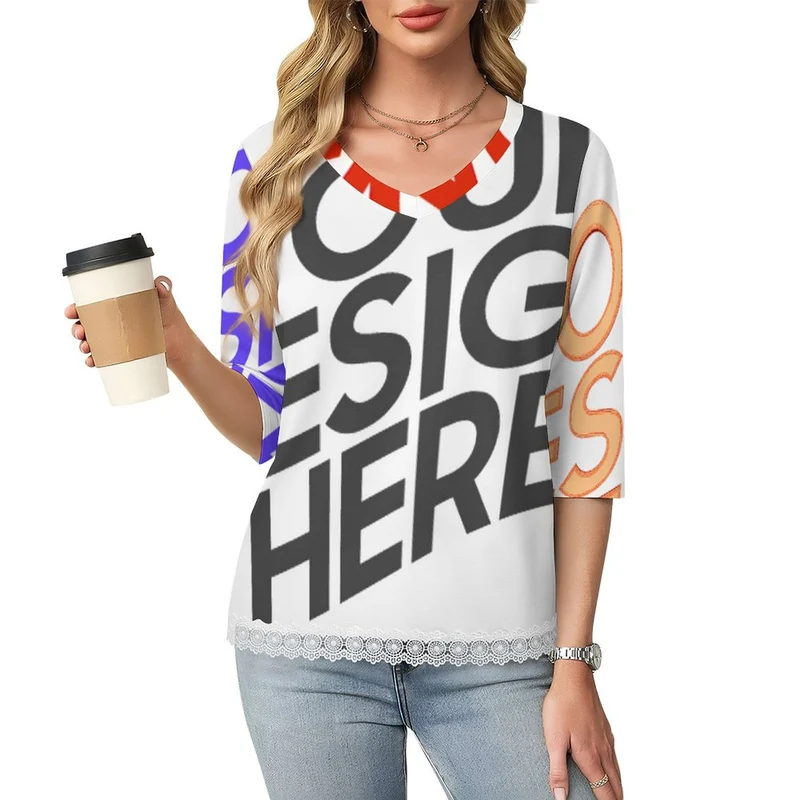 T-shirt à manches courtes et col en V orné de dentelle femme SDS2513 personnalisé avec photo texte logo (conception d'images multiples)