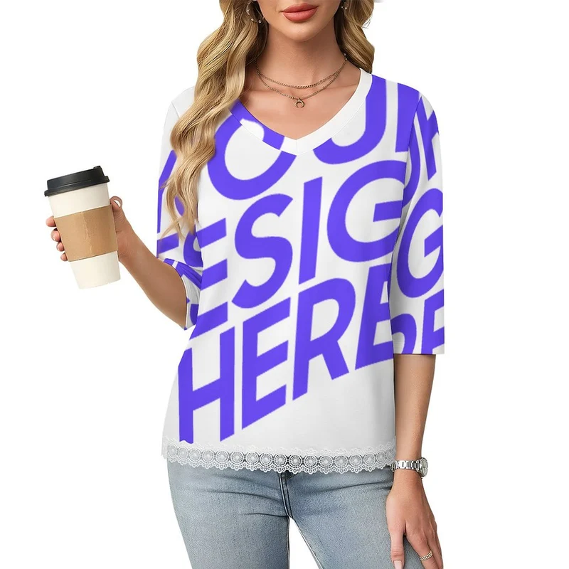 T-shirt à manches courtes et col en V orné de dentelle femme SDS2513 personnalisé avec photo texte logo (image unique impression)