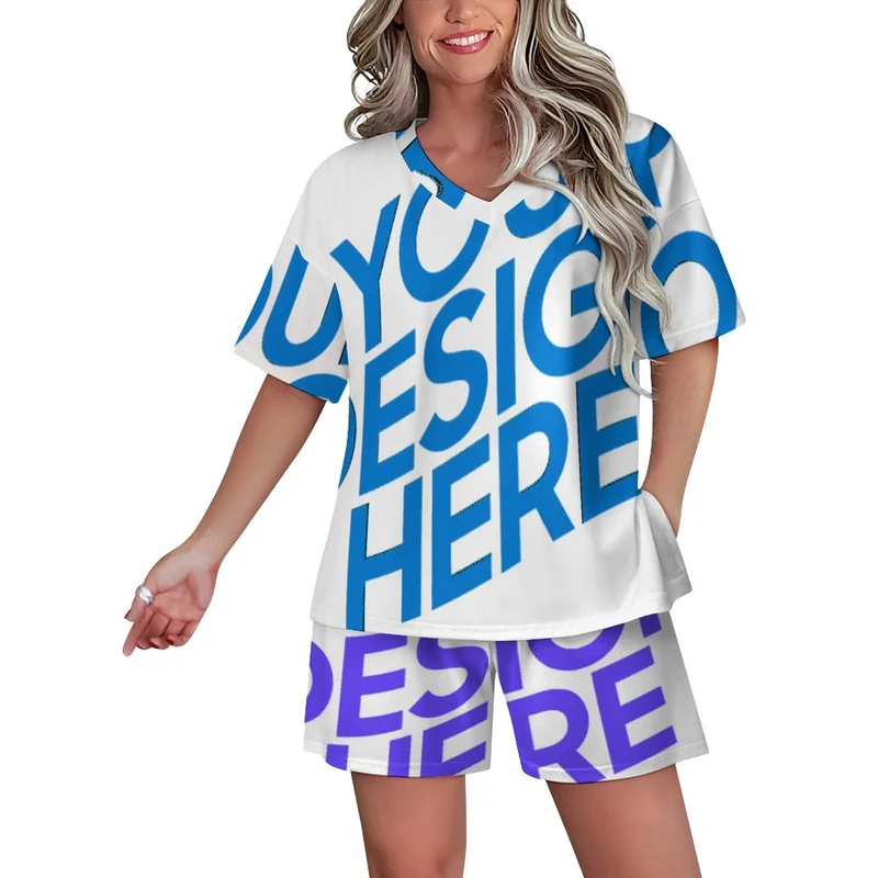 Ensemble pyjama court pour femme à col en V B98TZ personnalisé avec photo texte prénom (conception une image)