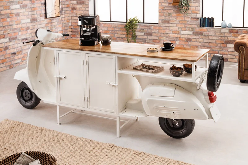 Meuble bar extravagant SCOOTER 250cm blanc rétro console scooter avec bois de manguier upcyclé