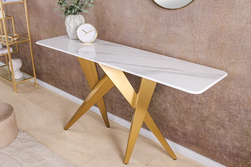 Console design ART LIVING 140cm marbre blanc céramique champagne or brossé