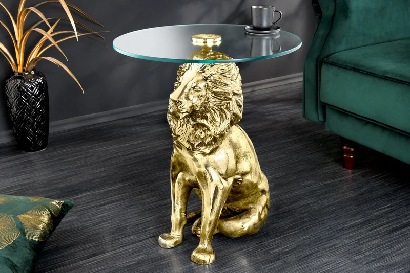 Table d'appoint ronde WILDLIFE LION 60cm sculpture lion en métal doré antique et verre