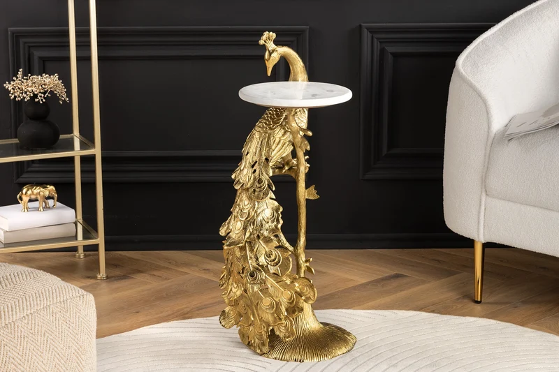 Table d'appoint ronde WILDLIFE PEACOCK 75cm or antique métal blanc marbre sculpture paon