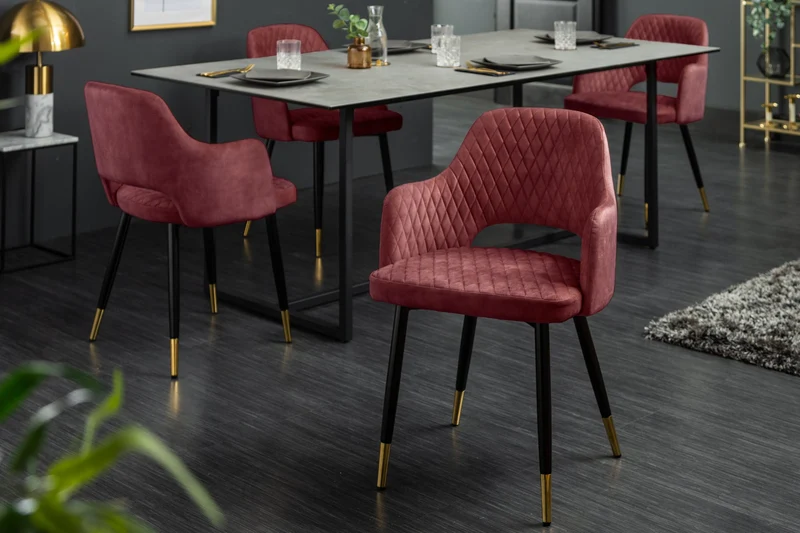 Lot de 2x chaises élégante PARIS en velours rouge, surpiqûres décoratives, embouts dorés, design rétro, avec accoudoirs