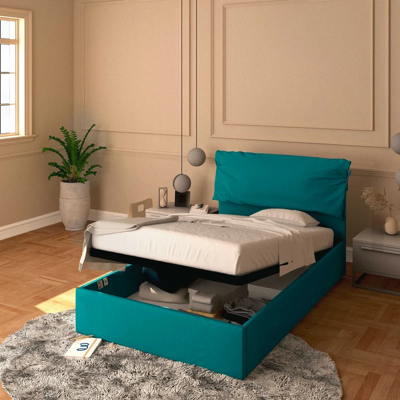 Letto contenitore una piazza e mezza in tessuto sfoderabile Licia Soft