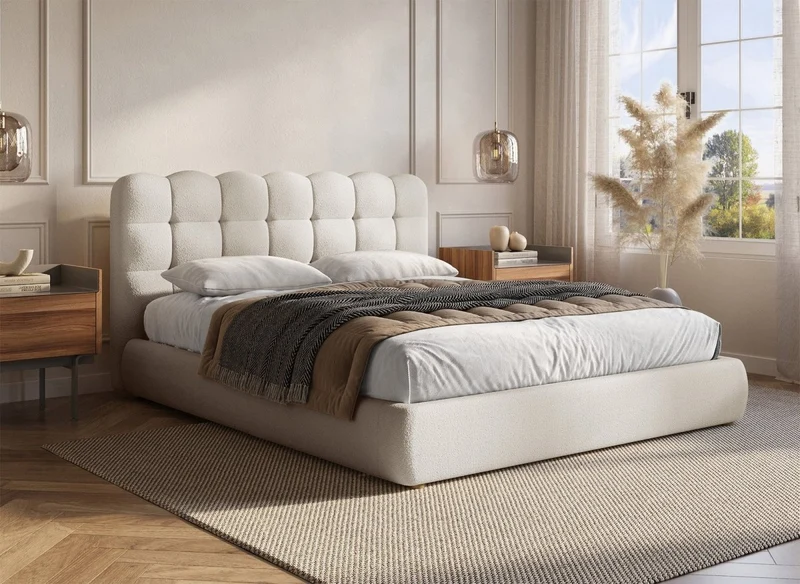 Lit coffre en tissu bouclette beige 140x190 cm BISCUIT