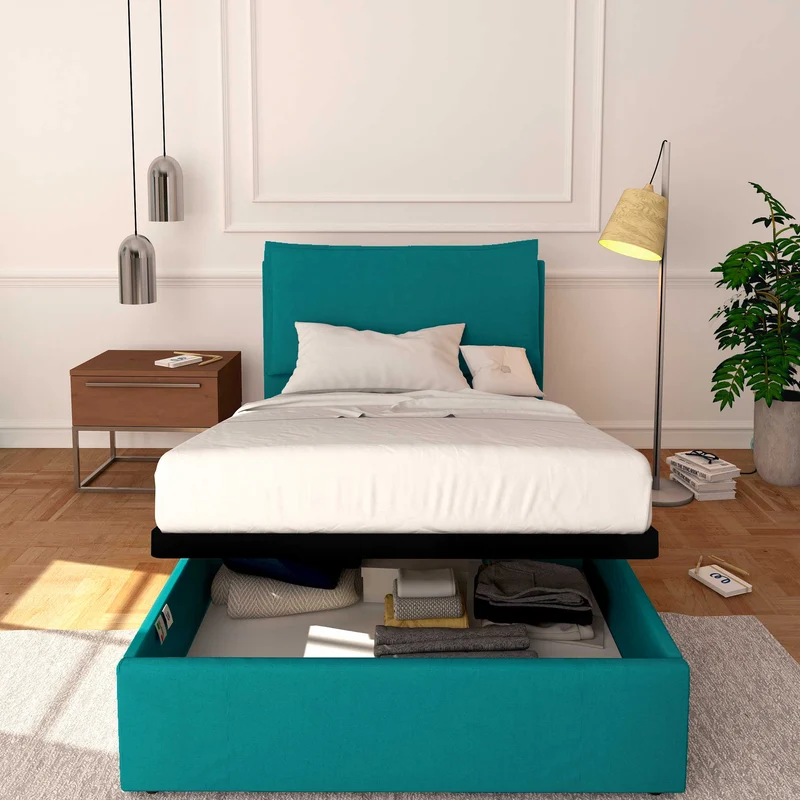 Letto contenitore una piazza e mezza in tessuto sfoderabile Licia