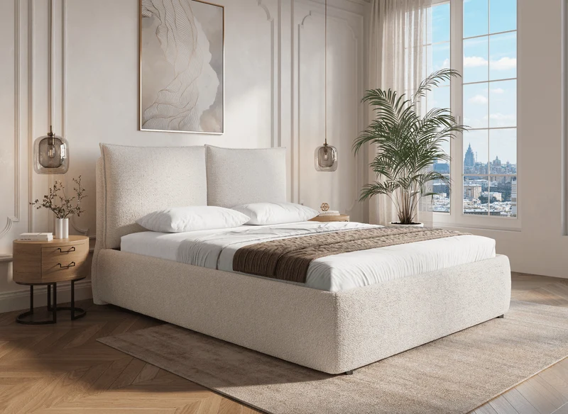 Lit coffre en tissu bouclette beige 180x200 cm MELY