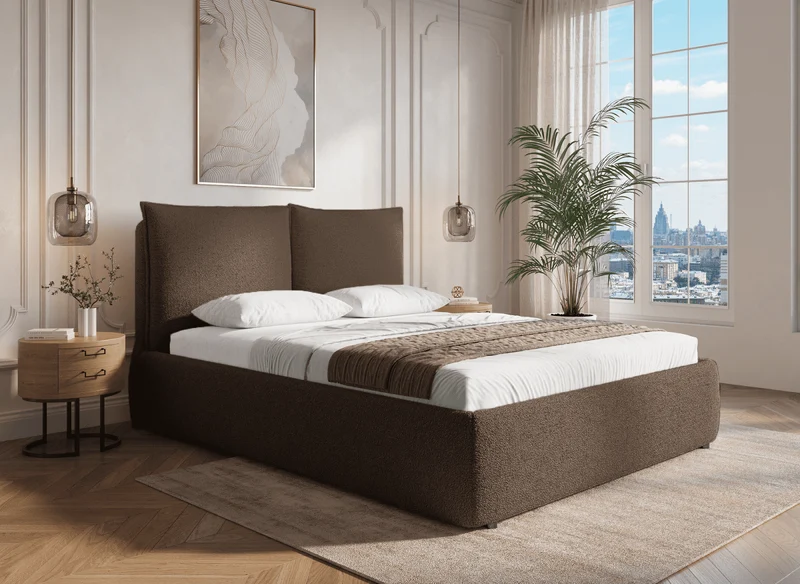 Lit coffre en tissu bouclette marron 140x190 cm MELY