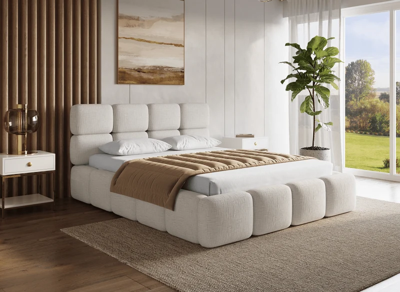 Lit coffre en velours chiné beige 140x190 cm BUBBLE