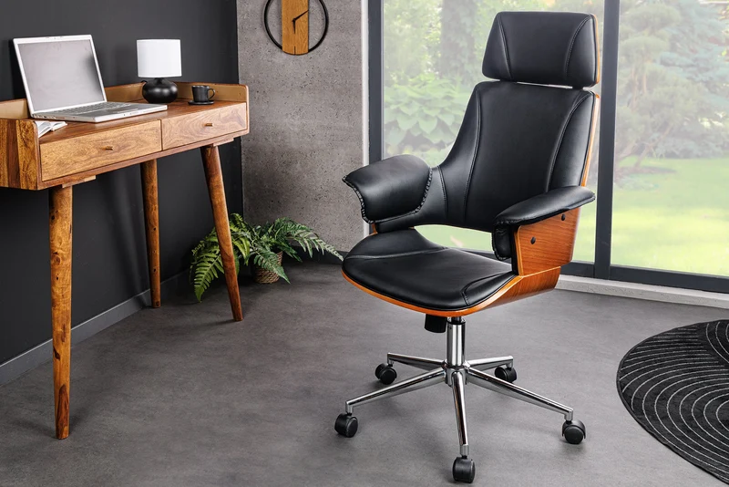 Chaise de bureau réglable en hauteur MANHATTAN en cuir artificiel noyer avec accoudoirs design rétro